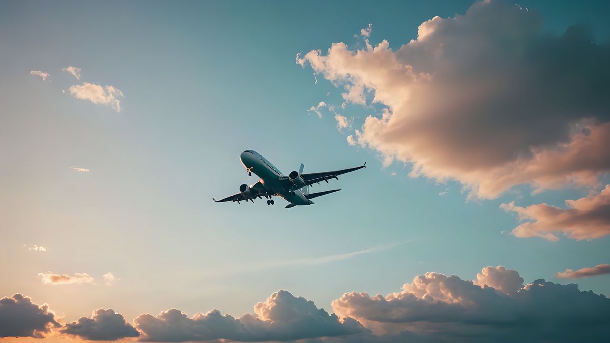 Electric aircraft soaring through clear blue skies